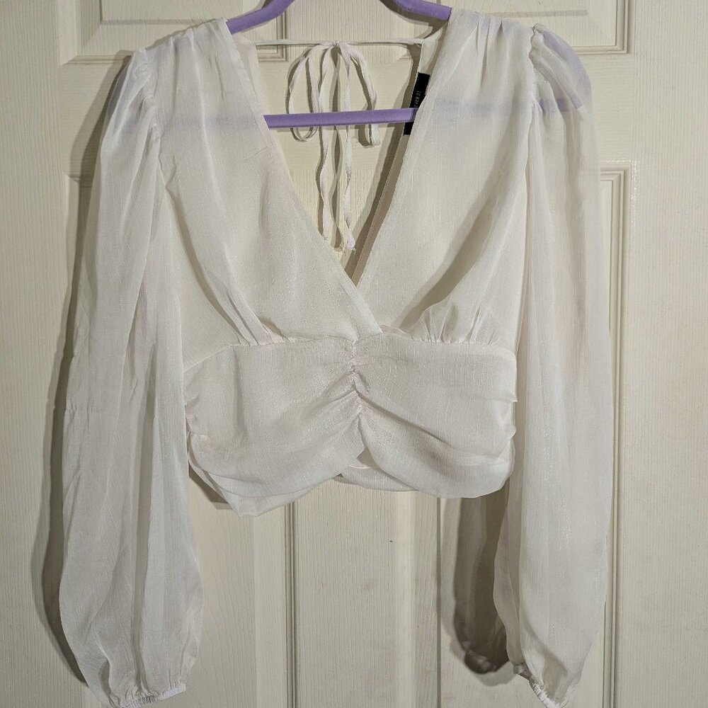 Forever 21 White Long-Sleeve Bustier Crop, Rainbow Shimmer Party Top - Medium